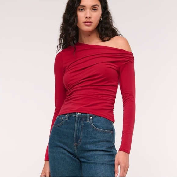 Abercrombie & Fitch Tops - Abercrombie & Fitch Long Sleeve Off-The-Shoulder Draped Top, Rich Ruby, XL